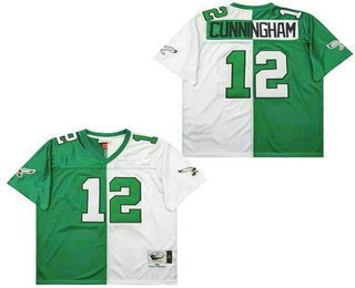 Men's Philadelphia Eagles #12 Randall Cunningham Green White Split 1990 Throwback Jersey