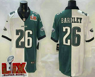 Men's Philadelphia Eagles #26 Saquon Barkley Limited White Green Split Super Bowl LIX Vapor Jersey