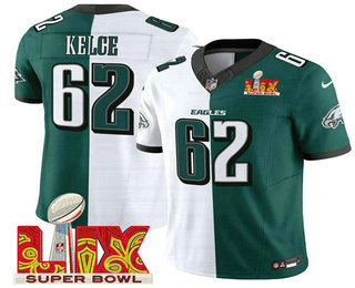 Men's Philadelphia Eagles #62 Jason Kelce Limited White Green Split Super Bowl LIX Vapor Jersey