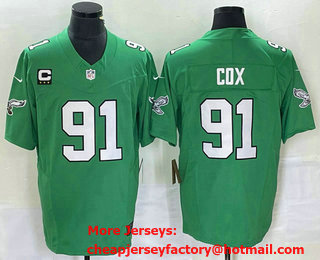 Men's Philadelphia Eagles #91 Fletcher Cox Green C Patch 2023 FUSE Vapor Limited Throwback Stitched Jersey
