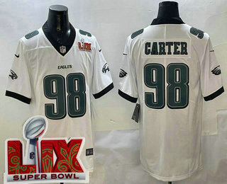 Men's Philadelphia Eagles #98 Jalen Carter White Super Bowl LIX Vapor Limited Jersey