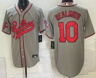Men's Philadelphia Phillies #10 JT Realmuto Grey 2026 Field of Dreams Stadium Stitched Jersey