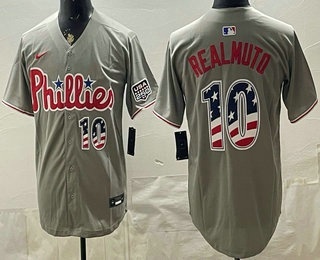 Men's Philadelphia Phillies #10 JT Realmuto Grey USA 250 Fourth of July Home Stitched Jersey
