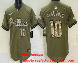 Men's Philadelphia Phillies #10 JT Realmuto Olive 2026 Armed Forces Day Stitched Baseball Jersey