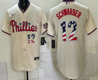 Men's Philadelphia Phillies #12 Kyle Schwarber Cream USA 250 Fourth of July Home Stitched Baseball Jersey