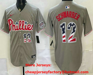 Men's Philadelphia Phillies #12 Kyle Schwarber Grey USA 250 Fourth of July Home Stitched Jersey