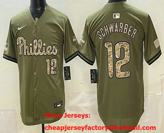Men's Philadelphia Phillies #12 Kyle Schwarber Olive 2026 Armed Forces Day Stitched Baseball Jersey