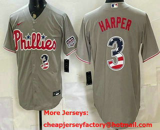 Men's Philadelphia Phillies #3 Bryce Harper Grey USA 250 Fourth of July Home Stitched Jersey