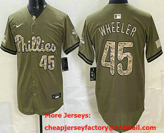 Men's Philadelphia Phillies #45 Zack Wheeler Olive 2026 Armed Forces Day Stitched Jersey