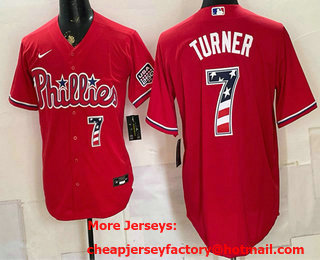 Men's Philadelphia Phillies #7 Trea Turner Red USA 250 Fourth of July Home Stitched Jersey