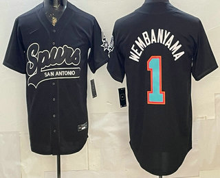 Men's San Antonio Spurs #1 Victor Wembanyama Black Stitched Baseball Jersey