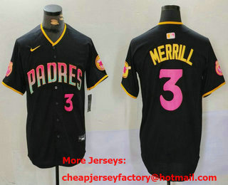Men's San Diego Padres #3 Jackson Merrill Black Player Number Fashion Baseball Jersey