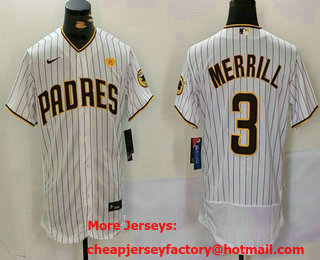 Men's San Diego Padres #3 Jackson Merrill White With PS Patch Stitched Flex Base Jersey
