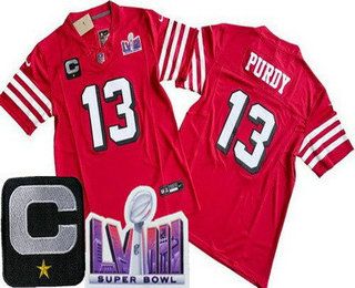 Men's San Francisco 49ers #13 Brock Purdy Limited Red Throwback C Patch LVIII Super Bowl FUSE Vapor Jersey
