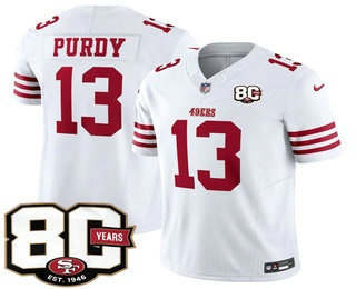 Men's San Francisco 49ers #13 Brock Purdy Limited White 80th Anniversary Patch FUSE Vapor Jersey