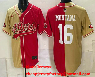 Men's San Francisco 49ers #16 Joe Montana Gold Red Split Stitched Jersey