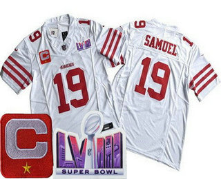Men's San Francisco 49ers #19 Deebo Samuel Limited White C Patch LVIII Super Bowl FUSE Vapor Jersey