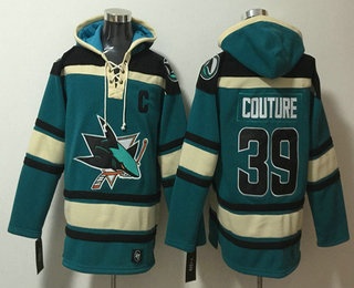 Men's San Jose Sharks #39 Logan Couture Teal Lace Up Pullover Hoodie