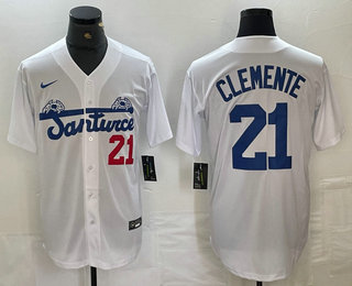 Men's Santurce Crabbers #21 Roberto Clemente Number White Cool Base Stitched Jersey
