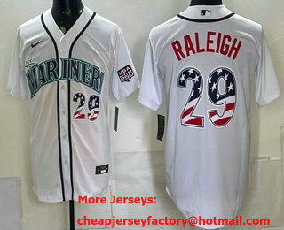 Men's Seattle Mariners #29 Cal Raleigh White USA 250 Fourth of July Home Stitched Jersey