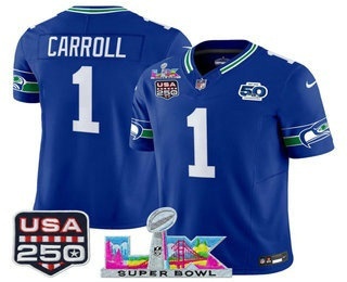 Men's Seattle Seahawks #1 Pete Carroll Royal 2025 FUSE Super Bowl LX 50th USA 250 Patch Vapor Throwback Limited Jersey