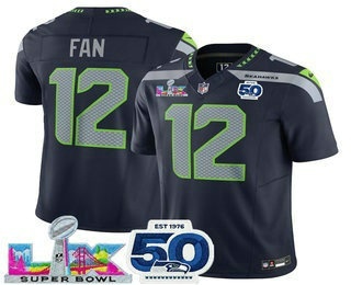 Men's Seattle Seahawks #12 Fan Limited Navy Super Bowl LX Patch And 50TH FUSE Vapor Jersey