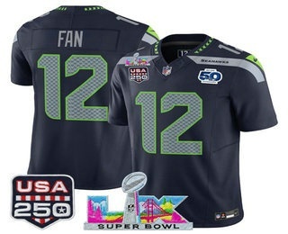 Men's Seattle Seahawks #12 Fan Navy FUSE Super Bowl LX 50th USA 250 Patch Vapor Limited Jersey