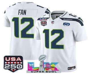 Men's Seattle Seahawks #12 Fan White FUSE Super Bowl LX 50th USA 250 Patch Vapor Limited Jersey