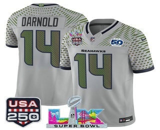 Men's Seattle Seahawks #14 Sam Darnold Gray FUSE Super Bowl LX US 250th 50th Patch Rivalries Vapor Limited Jersey