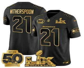 Men's Seattle Seahawks #21 Devon Witherspoon Black Gold Super Bowl LX 50th Patch FUSE Limited Jersey