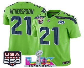 Men's Seattle Seahawks #21 Devon Witherspoon Green FUSE Super Bowl LX 50th USA 250 Patch Vapor Limited Jersey