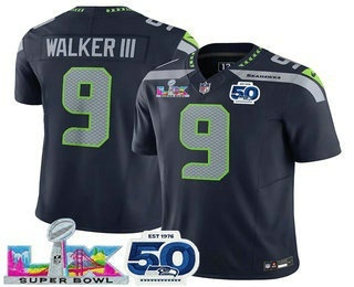 Men's Seattle Seahawks #9 Kenneth Walker III Limited Navy Super Bowl LX Patch 50TH FUSE Vapor Jersey