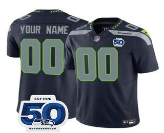 Men's Seattle Seahawks Active Player Custom Navy 2025 FUSE 50th Patch Vapor Limited Stitched Jersey