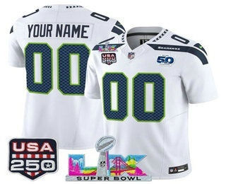 Men's Seattle Seahawks Active Player Custom White FUSE Super Bowl LX US 250th 50th Season Patch Vapor Limited Jersey