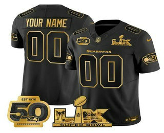 Men's Seattle Seahawks Custom Black Gold 2026 FUSE Super Bowl LX Patch And 50th Season Patch Vapor Limited Jersey