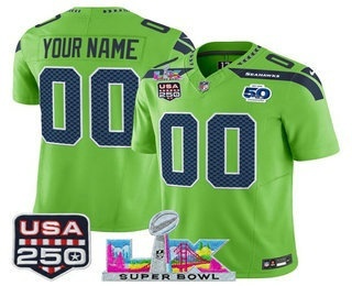 Men's Seattle Seahawks Custom Green FUSE Super Bowl LX  US 250th  50th Season Patch Vapor Limited Jersey