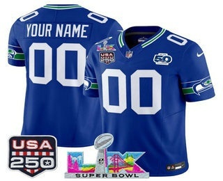 Men's Seattle Seahawks Custom Royal FUSE Super Bowl LX US 250th 50th Patch Vapor Throwback Limited Jersey