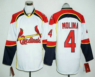 Men's St. Louis Cardinals #4 Yadier Molina White Long Sleeve Baseball Jersey