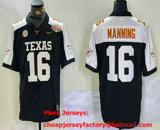 Men's Texas Longhorns #16 Peyton Manning Black White 100TH FUSE College Stitched Jersey
