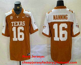 Men's Texas Longhorns #16 Peyton Manning Orange White 100TH FUSE College Stitched Jersey