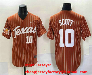 Men's Texas Longhorns #10 Mia Scott Orange Pinstripe 2025 Softball National Champions Stitched Jersey