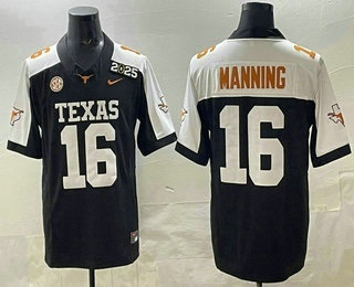 Men's Texas Longhorns #16 Peyton Manning Black FUSE 2025 CFP Final With SEC Patch Stitched Jersey