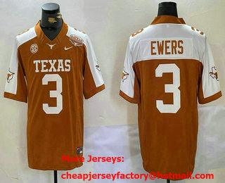 Men's Texas Longhorns #3 Quinn Ewers Orange White 100TH FUSE College Stitched Jersey
