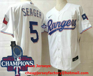 Men's Texas Rangers #5 Corey Seager White Team Logo 2023 World Series Champions Cool Base Jersey
