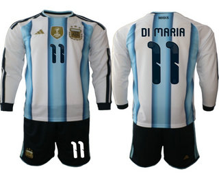 Mens Argentina National Team #11 Angel Di Maria Home White 2026 World Cup Soccer Long Sleeve Jersey Suit