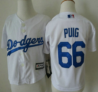 Toddler Los Angeles Dodgers #66 Yasiel Puig Home White 2015 MLB Cool Base Jersey