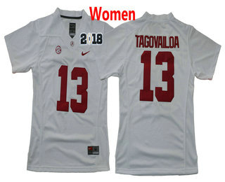 Women's Alabama Crimson Tide #13 Tua Tagovailoa White 2018 Championship Game Patch Diamond Quest Stitched College Football Nike Jersey