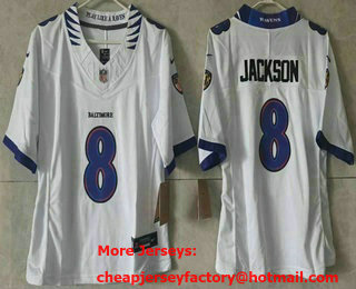 Women's Baltimore Ravens #8 Lamar Jackson Limited White FUSE Vapor Jersey