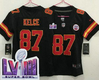 Women's Kansas City Chiefs #87 Travis Kelce Limited Black LVIII Super Bowl Vapor Jersey