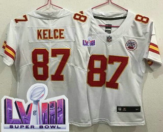 Women's Kansas City Chiefs #87 Travis Kelce Limited White LVIII Super Bowl Vapor Jersey